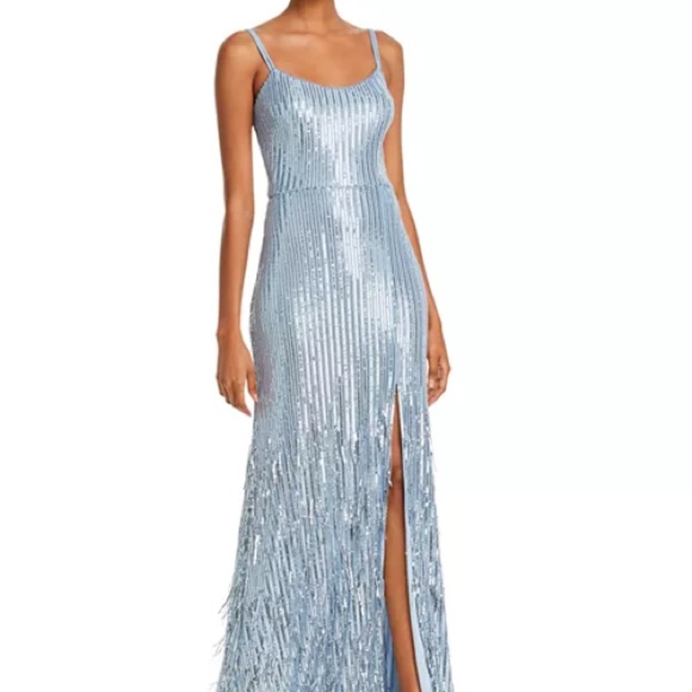 Aqua Long Sequin Fringe Gown